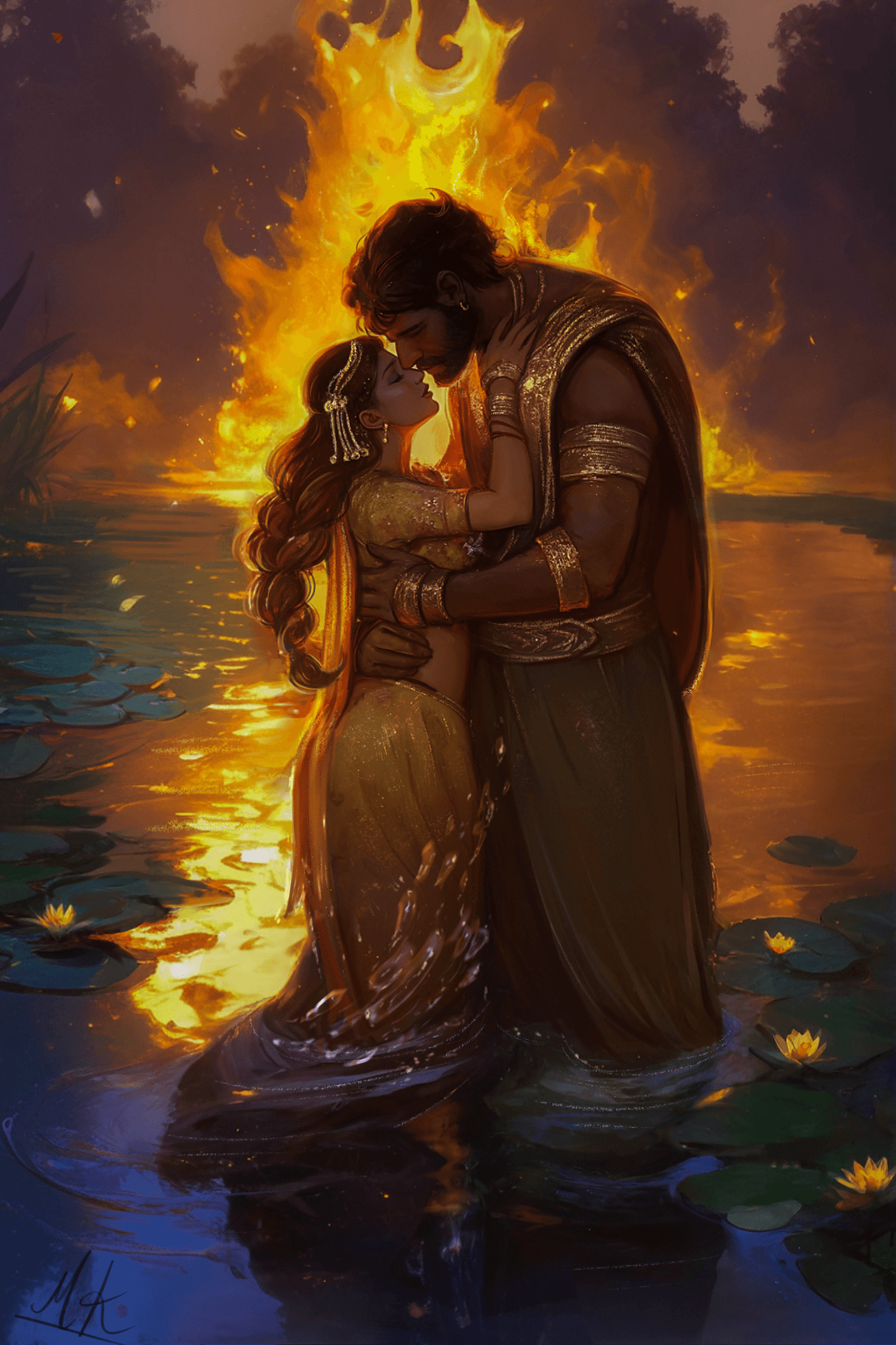 Painted couple embracing in water before a wall of fire.